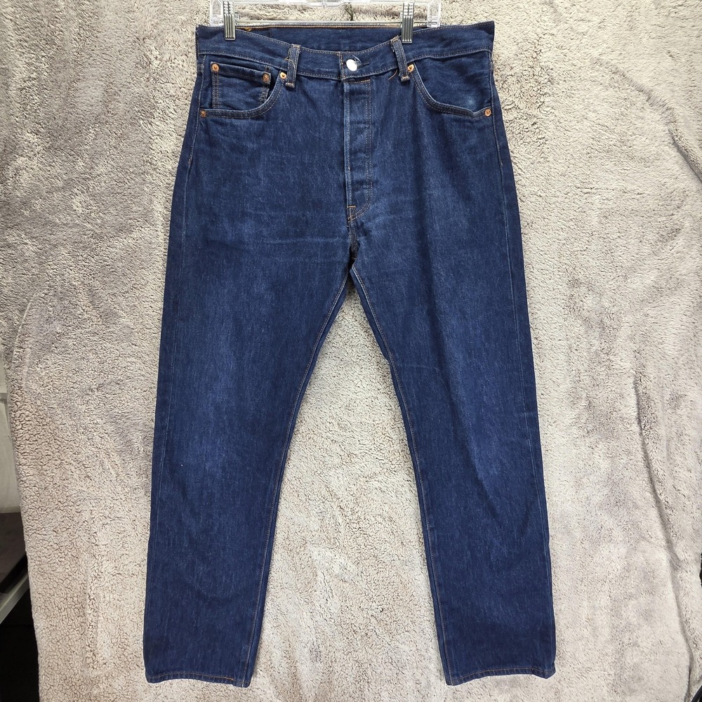 Levis 501 Jeans Mens Blue Button Fly Regular Straight Dark Wash Denim Fits 34x32